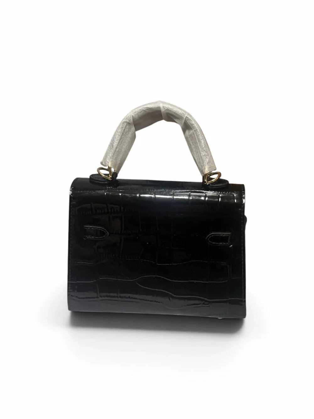 Structured Black Croc-Embossed Top Handle Bag with Gold Turn Lock